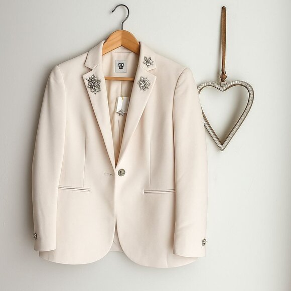 Anne Klein Womens One Button Blazer Embellished Notched Collar Sz 4 Off White - Picture 1 of 13